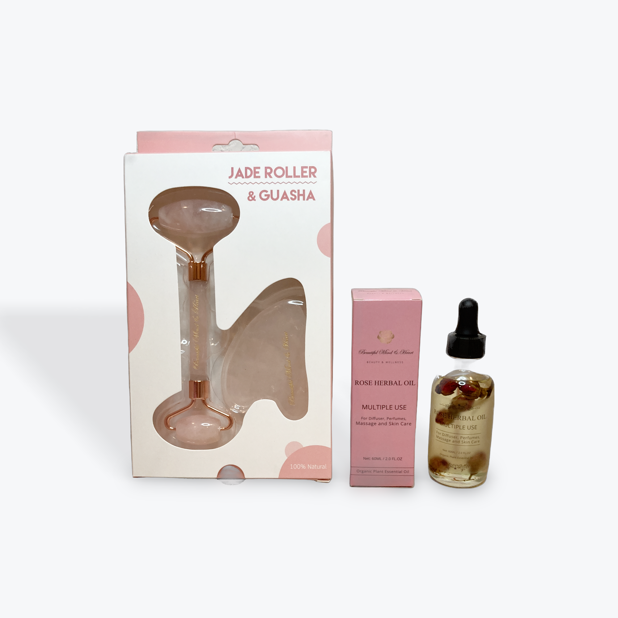 Beautiful Mind & Heart Gua Sha Tools & Rose Herbal Oil Bundle Set